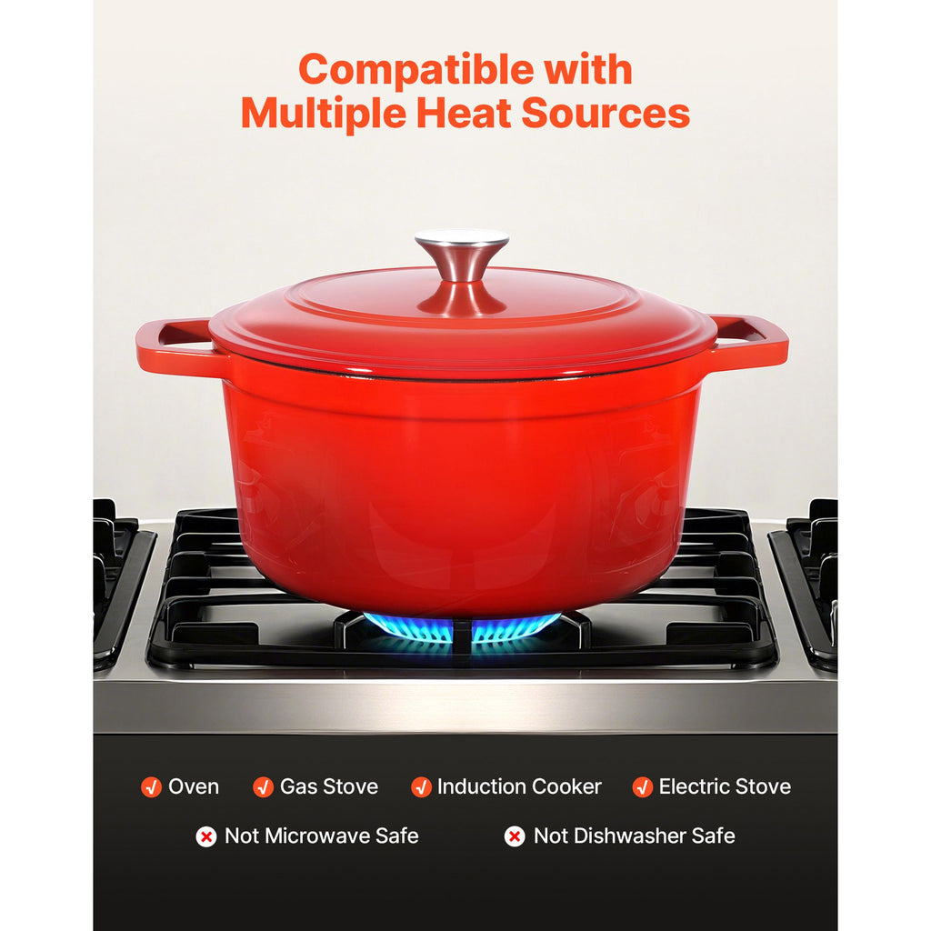 VEVOR Enamelled Cast Iron Dutch Oven, 5.7L, Red