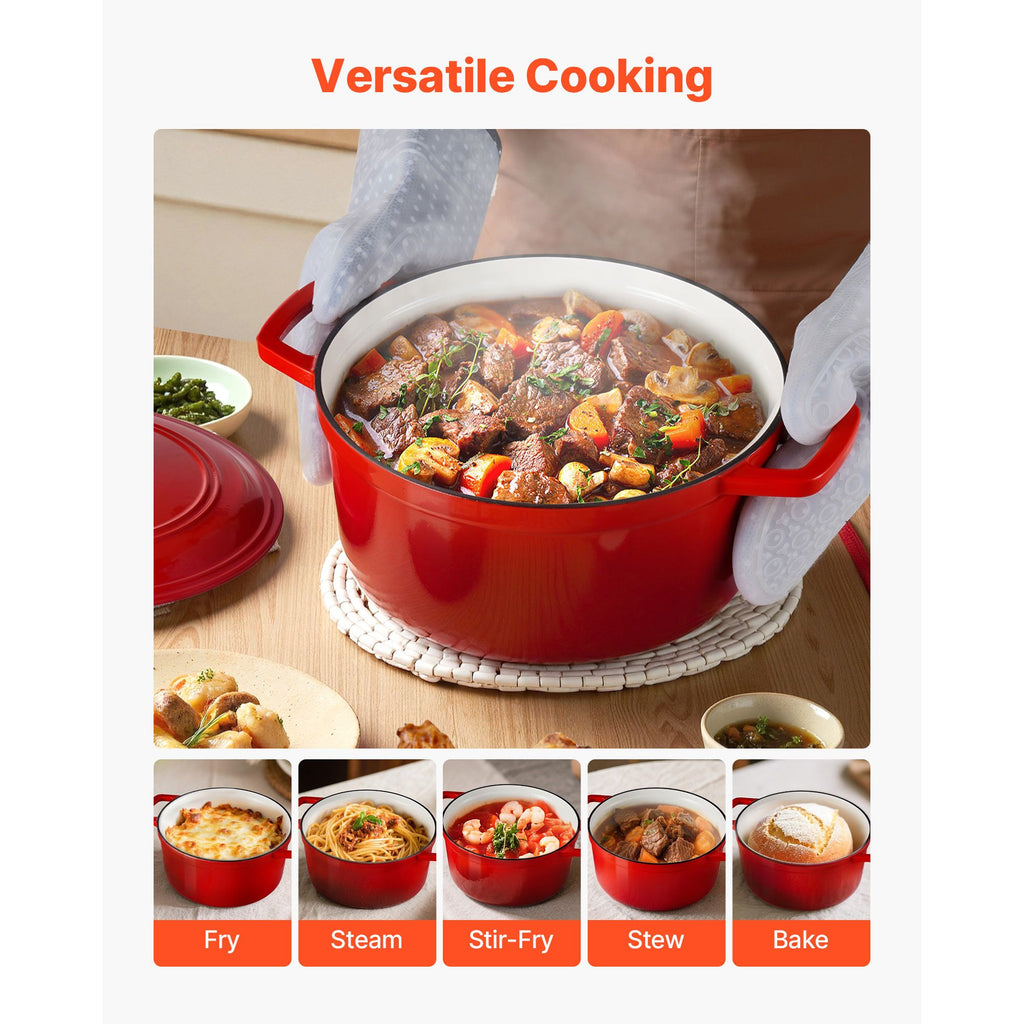 VEVOR Enamelled Cast Iron Dutch Oven, 5.7L, Red
