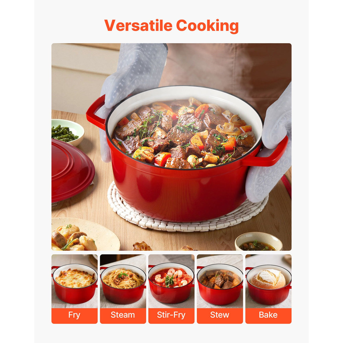 VEVOR Enamelled Cast Iron Dutch Oven, 5.7L, Red