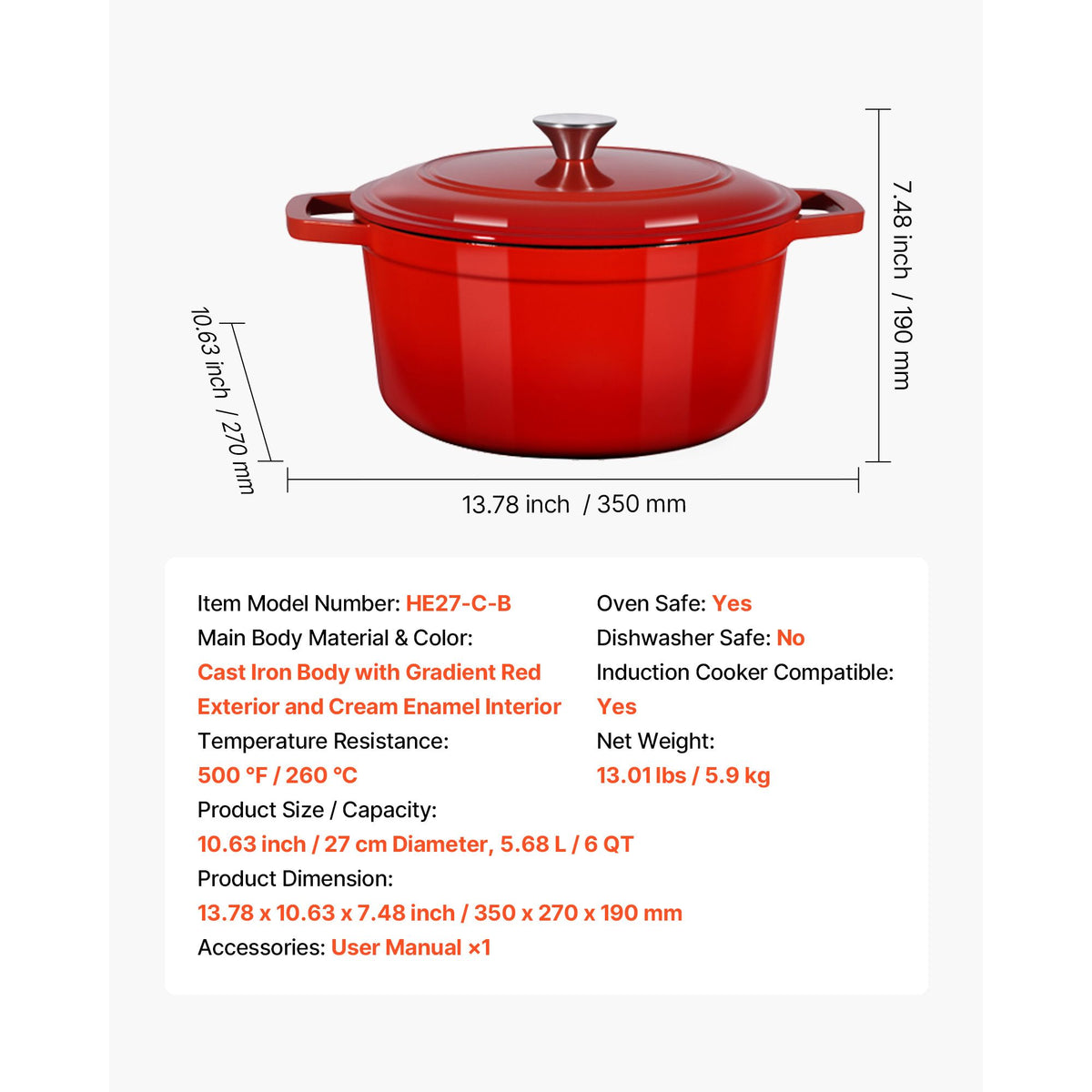 VEVOR Enamelled Cast Iron Dutch Oven, 5.7L, Red