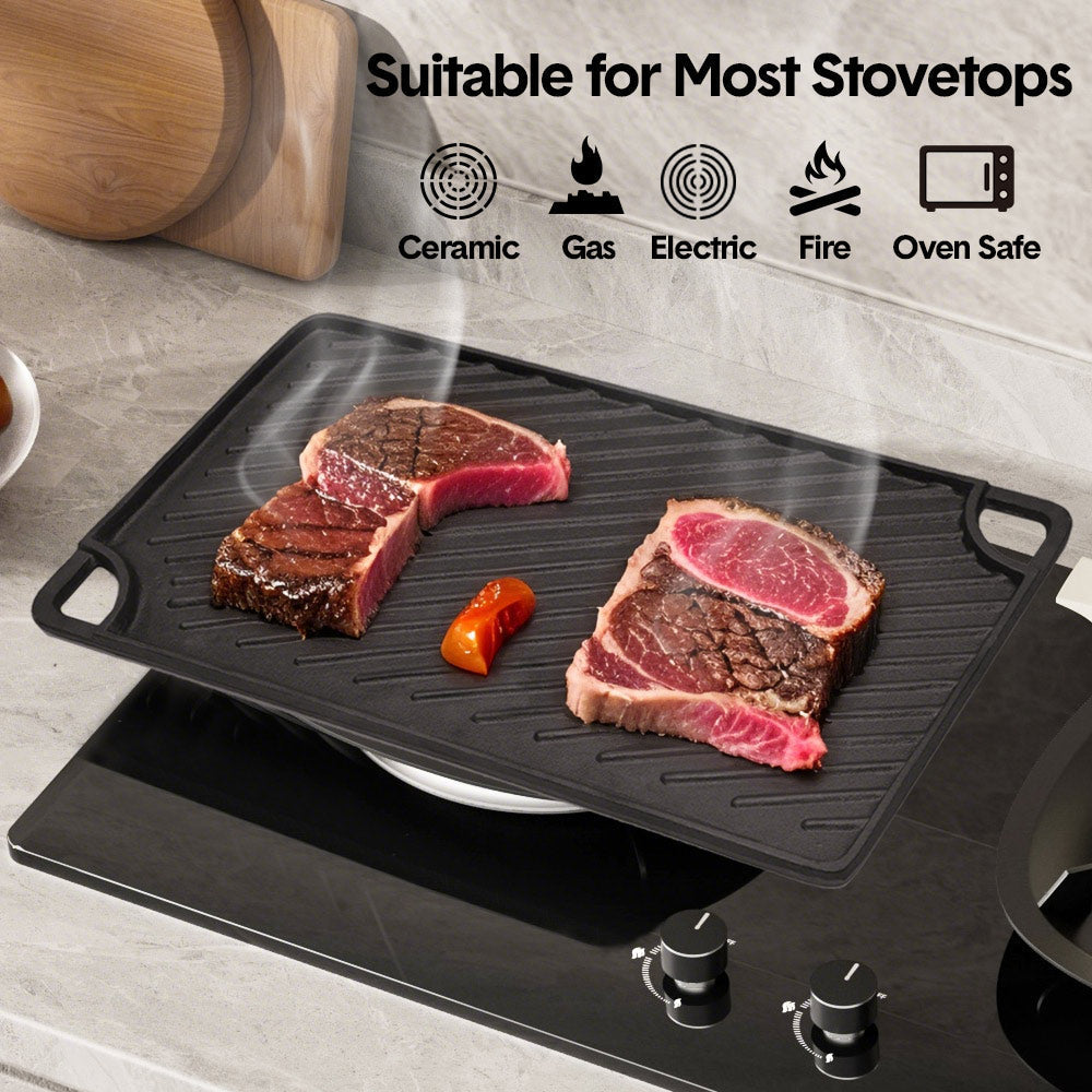 Reversible Cast Iron Griddle Rectangular BBQ Plate 43x24cm