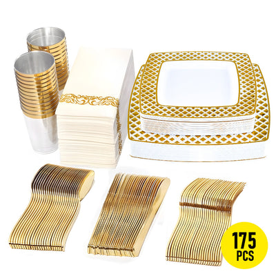 Alston Gold Rim Disposable Dinnerware Set for 25, 175 Pieces