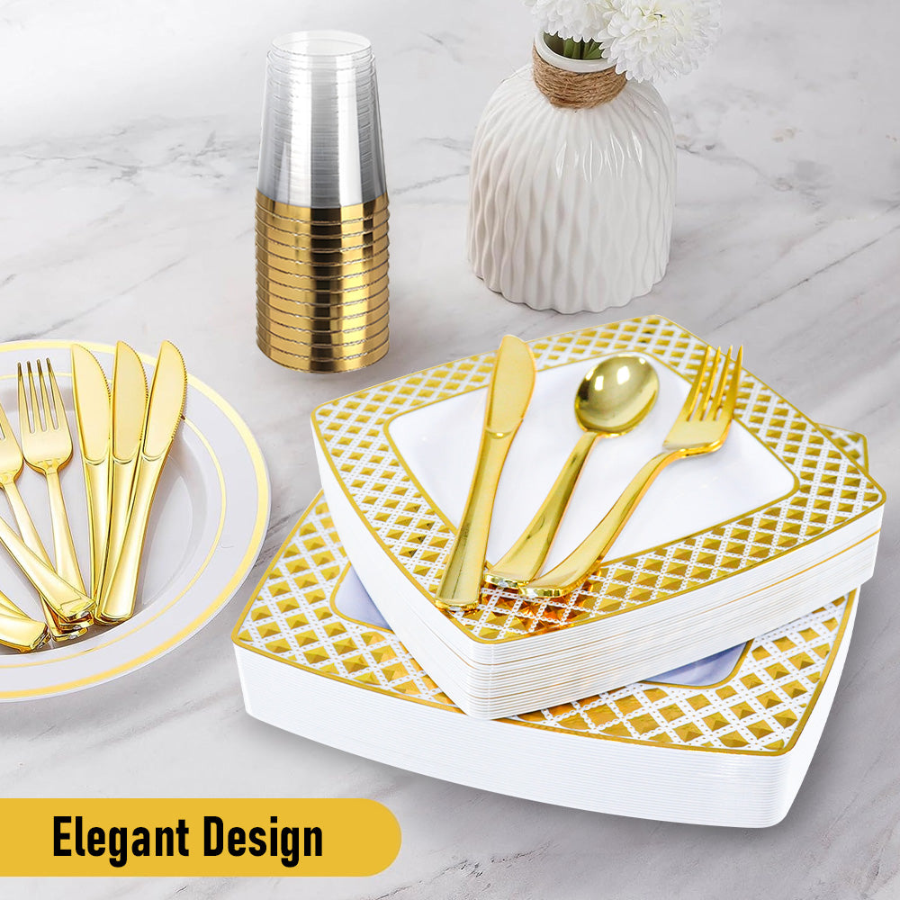 Alston Gold Rim Disposable Dinnerware Set for 25, 175 Pieces
