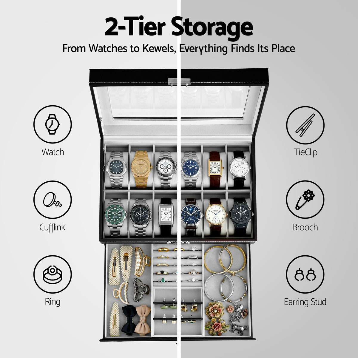 Embellir 12 Grids Watch Box Organizer Case Jewelry Display Storage
