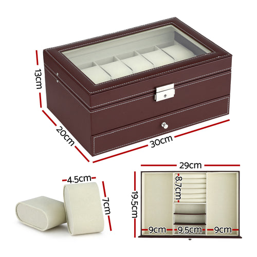 Embellir Watch Box, 12 Slots, with its measurements marked