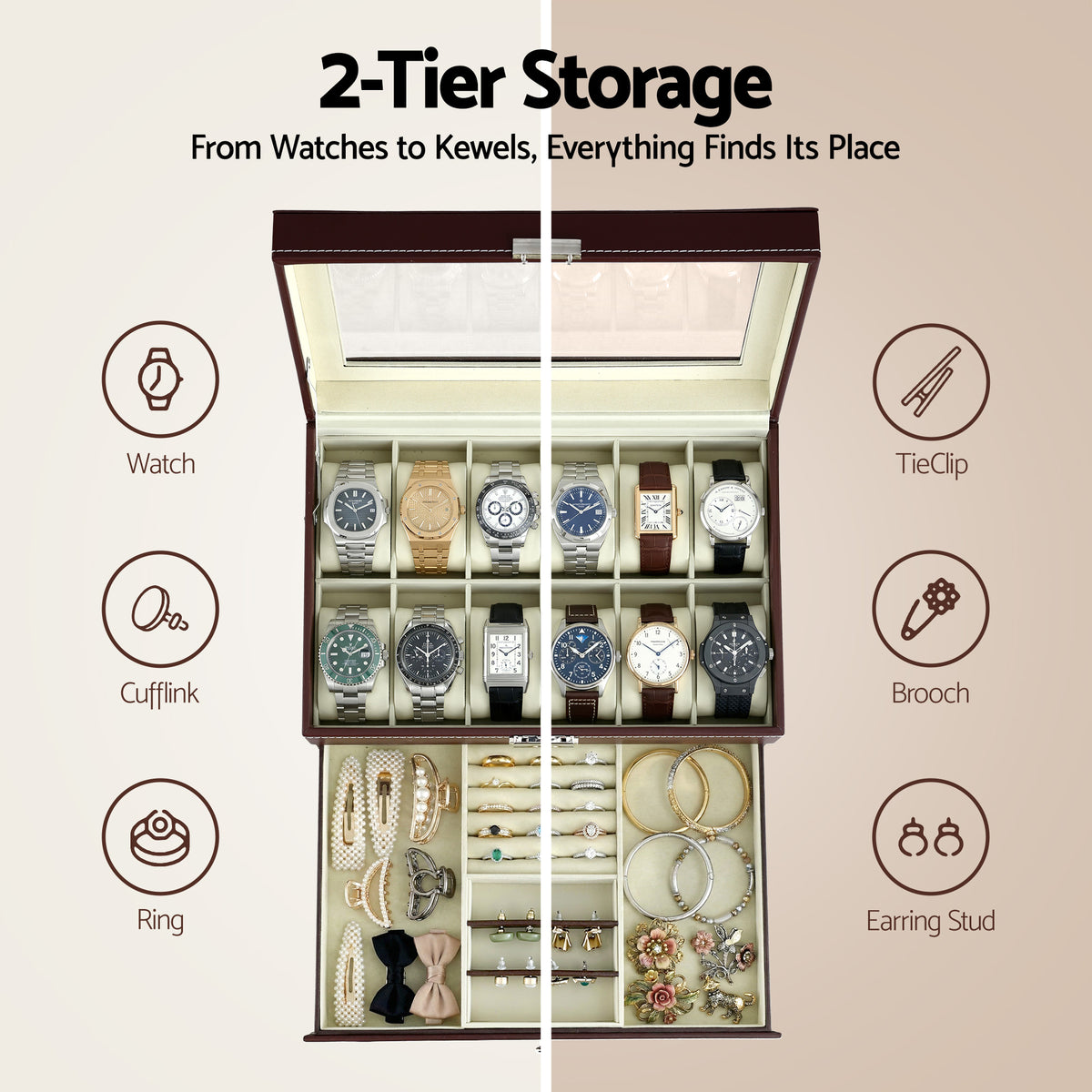 Embellir 12 Grids Watch Box Organizer Case Jewelry Display Storage