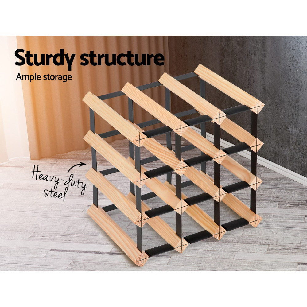 Artiss Pine and Steel Wine Rack, 12 Bottles
