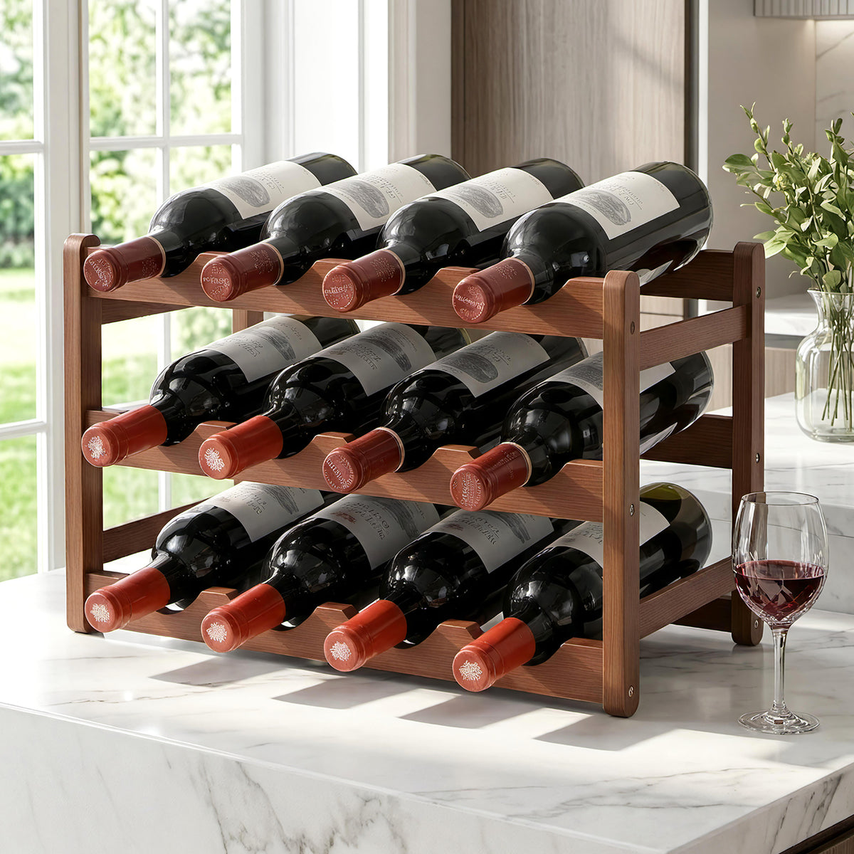 Artiss Bamboo Wine Rack, 3 Tiers, 12 Bottles, Walnut