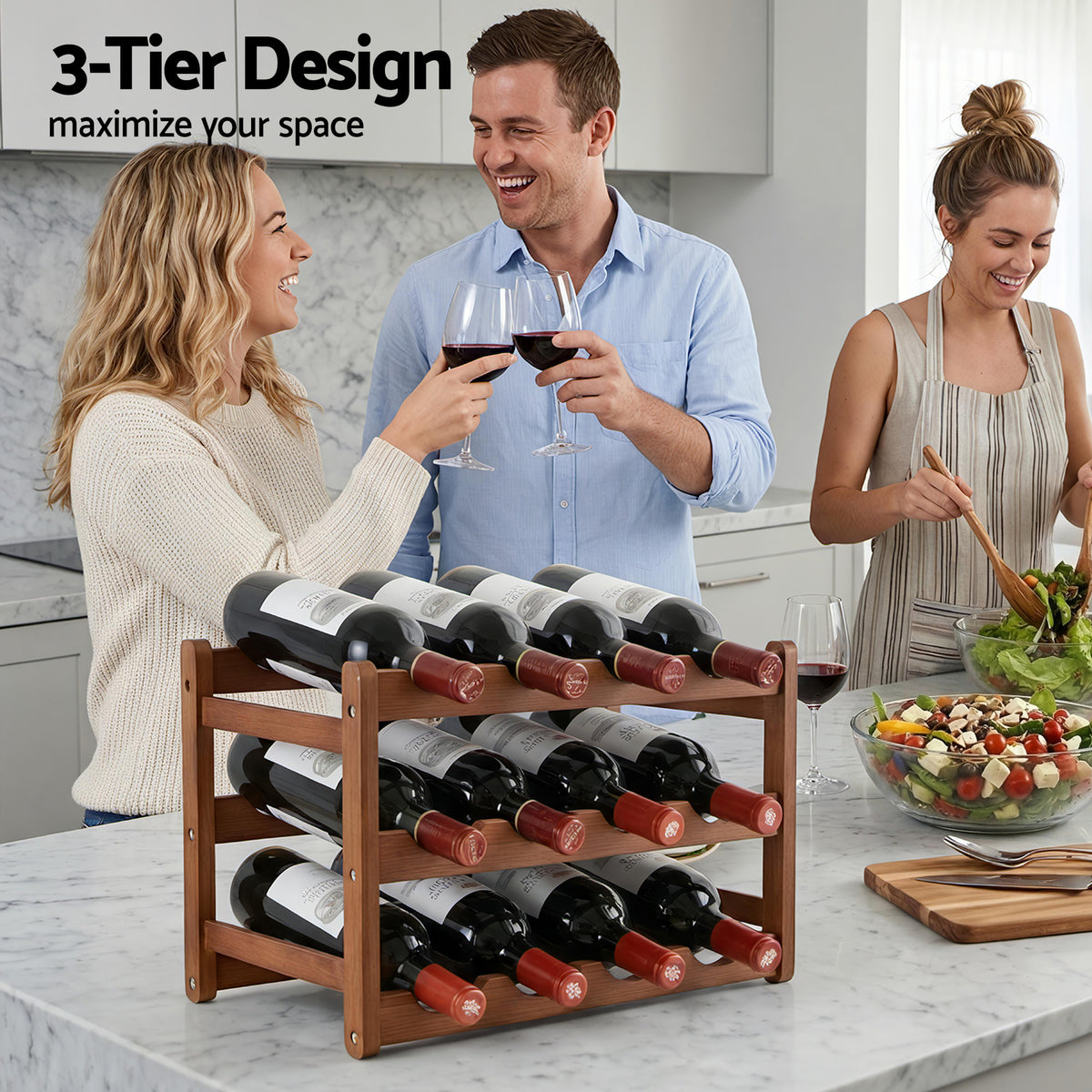 Artiss Bamboo Wine Rack, 3 Tiers, 12 Bottles, Walnut