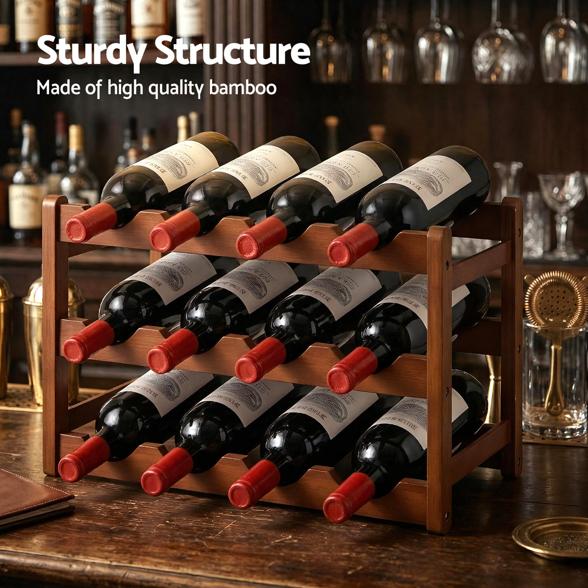 Artiss Bamboo Wine Rack, 3 Tiers, 12 Bottles, Walnut