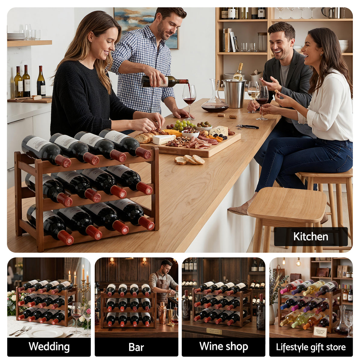 Artiss Bamboo Wine Rack, 3 Tiers, 12 Bottles, Walnut