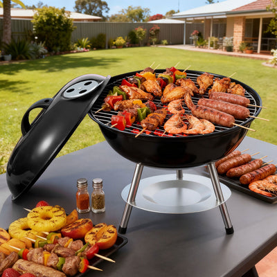 Grillz Charcoal BBQ Grill Portable with Lid, Black