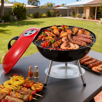 Grillz Charcoal BBQ Grill Portable with Lid, Red