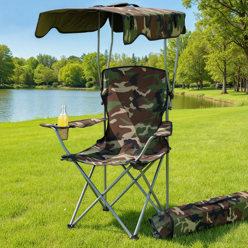 Weisshorn Folding Camping Chair with Canopy, Green, shown in a real setting