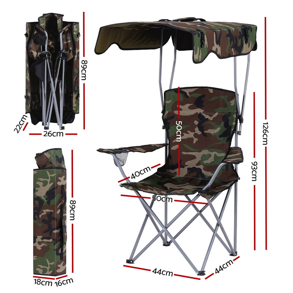 Weisshorn Folding Camping Chair with Canopy, Green, with its measurements marked
