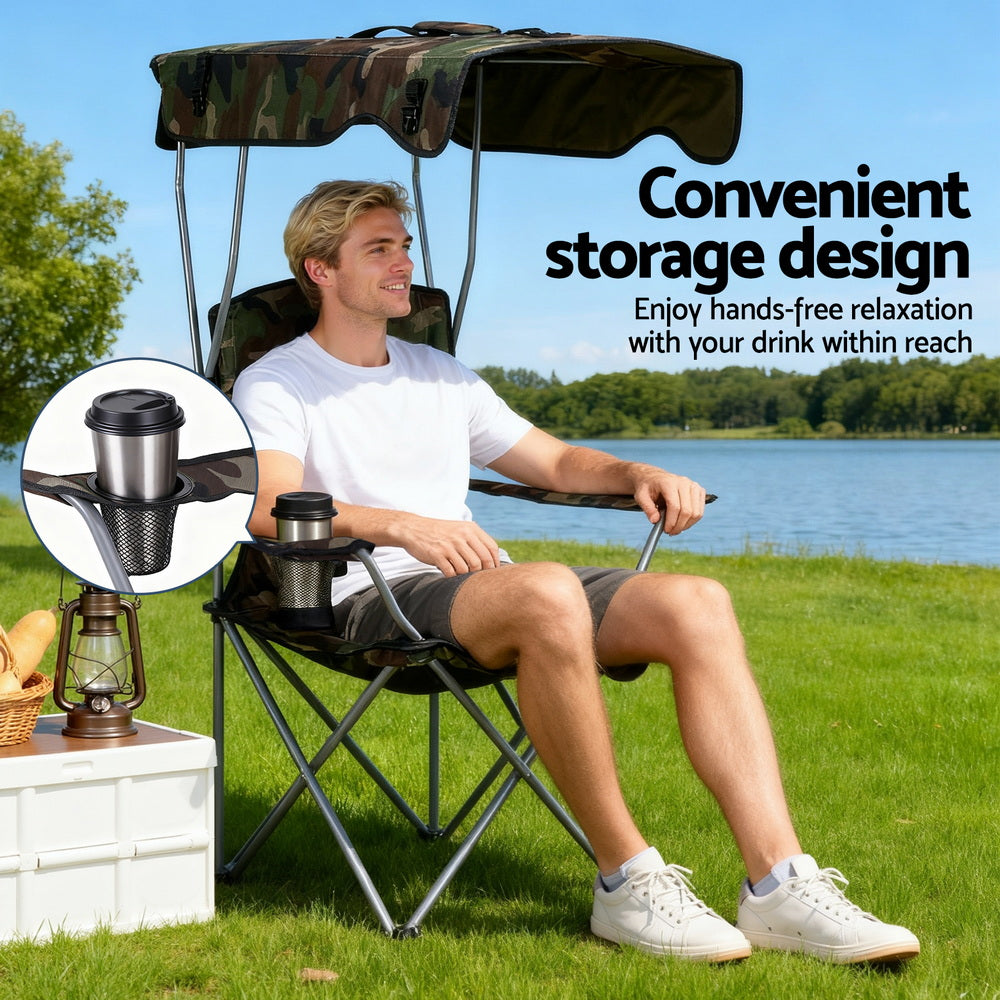 Weisshorn Folding Camping Chair with Canopy, Green, shown in a real setting, photo 7 of 8