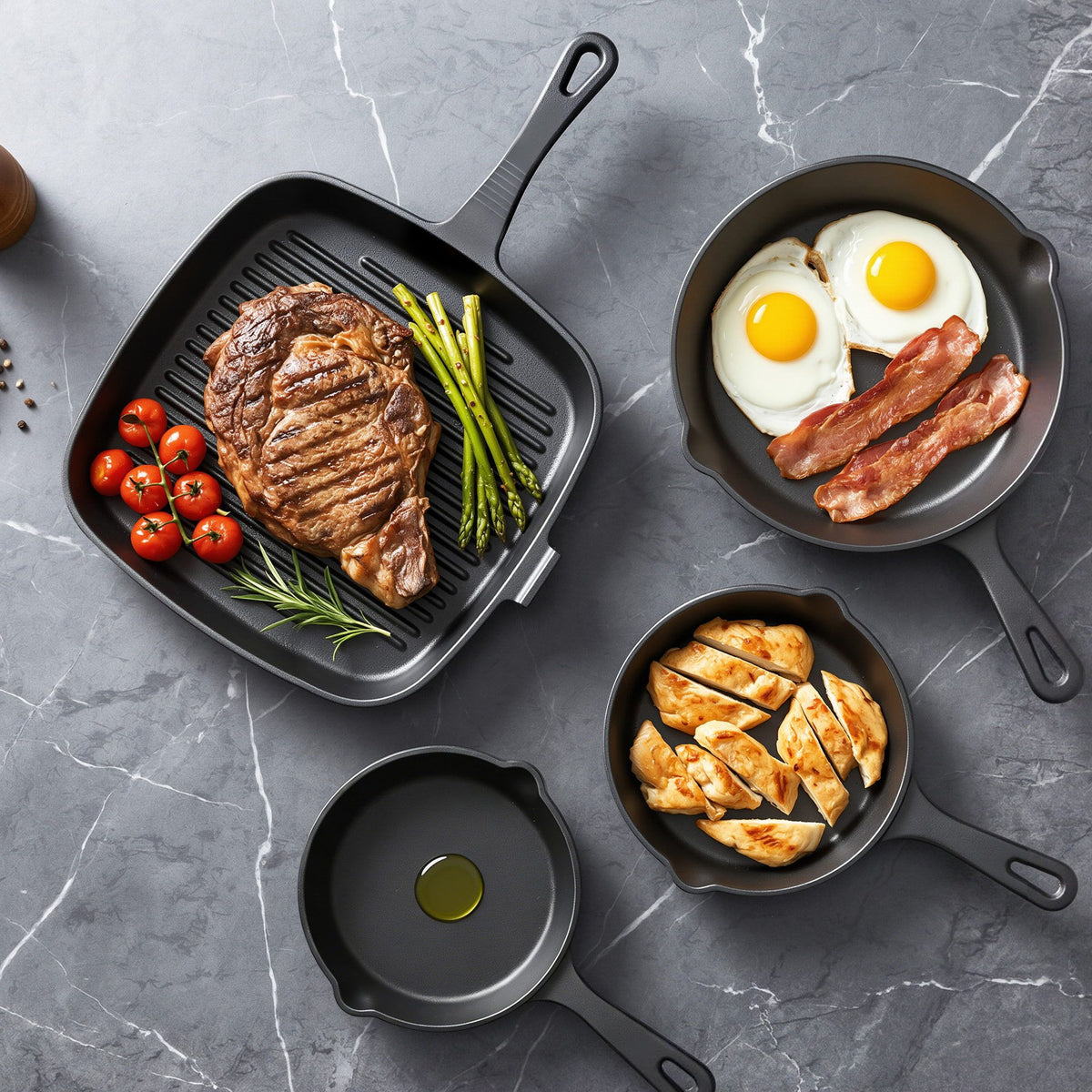 5-Star Chef Cast Iron Frying Pan Set, 4 Pieces