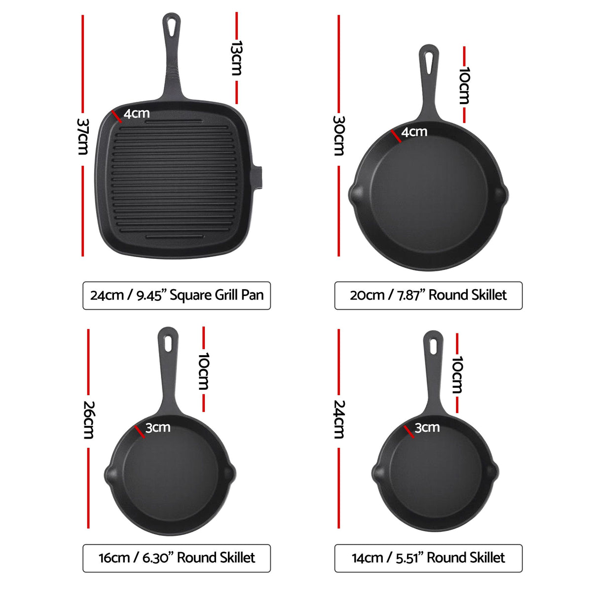 5-Star Chef Cast Iron Frying Pan Set, 4 Pieces