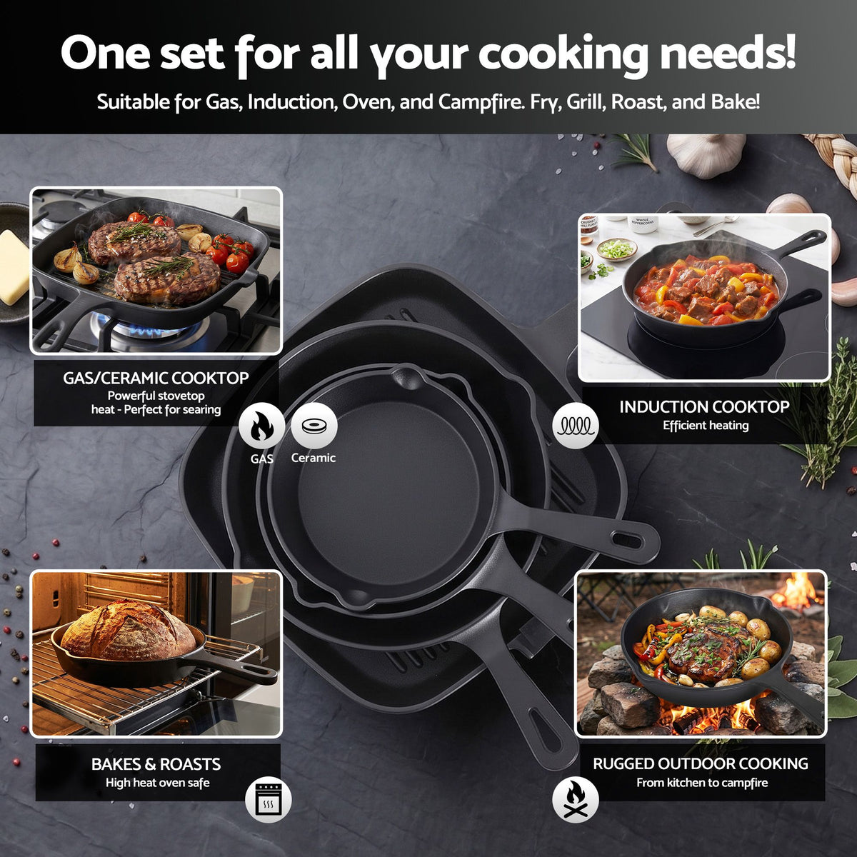 5-Star Chef Cast Iron Frying Pan Set, 4 Pieces