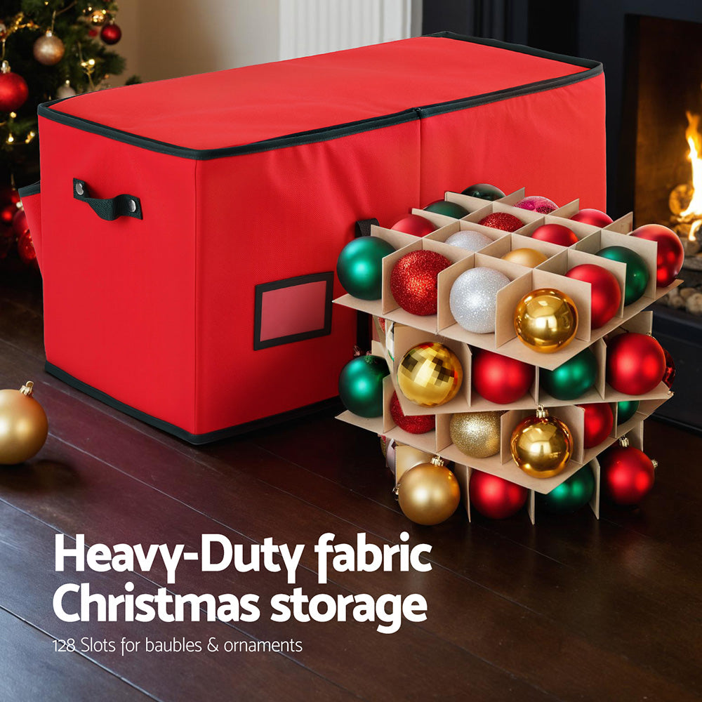 Jingle Jollys Christmas Baubles Storage Box, 128 Slots, Red, shown in a real setting