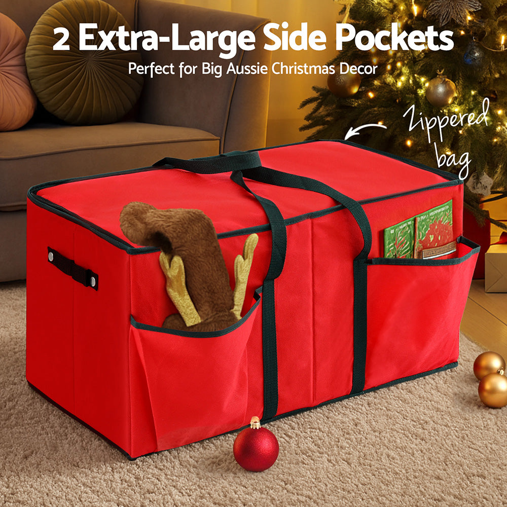 Jingle Jollys Christmas Baubles Storage Box, 128 Slots, Red, with its measurements marked