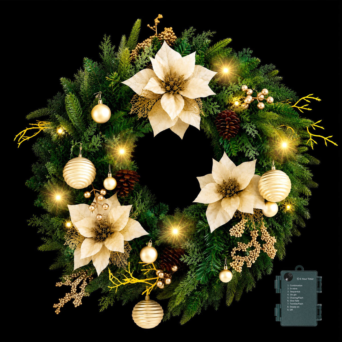 Jingle Jollys 60cm Pre-Lit Christmas Wreath LED Garlands Gold Flowers