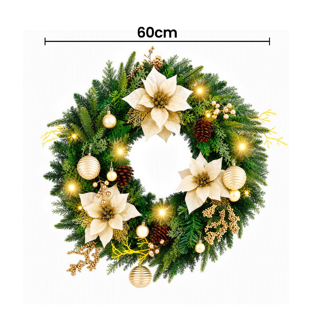Jingle Jollys 60cm Pre-Lit Christmas Wreath LED Garlands Gold Flowers