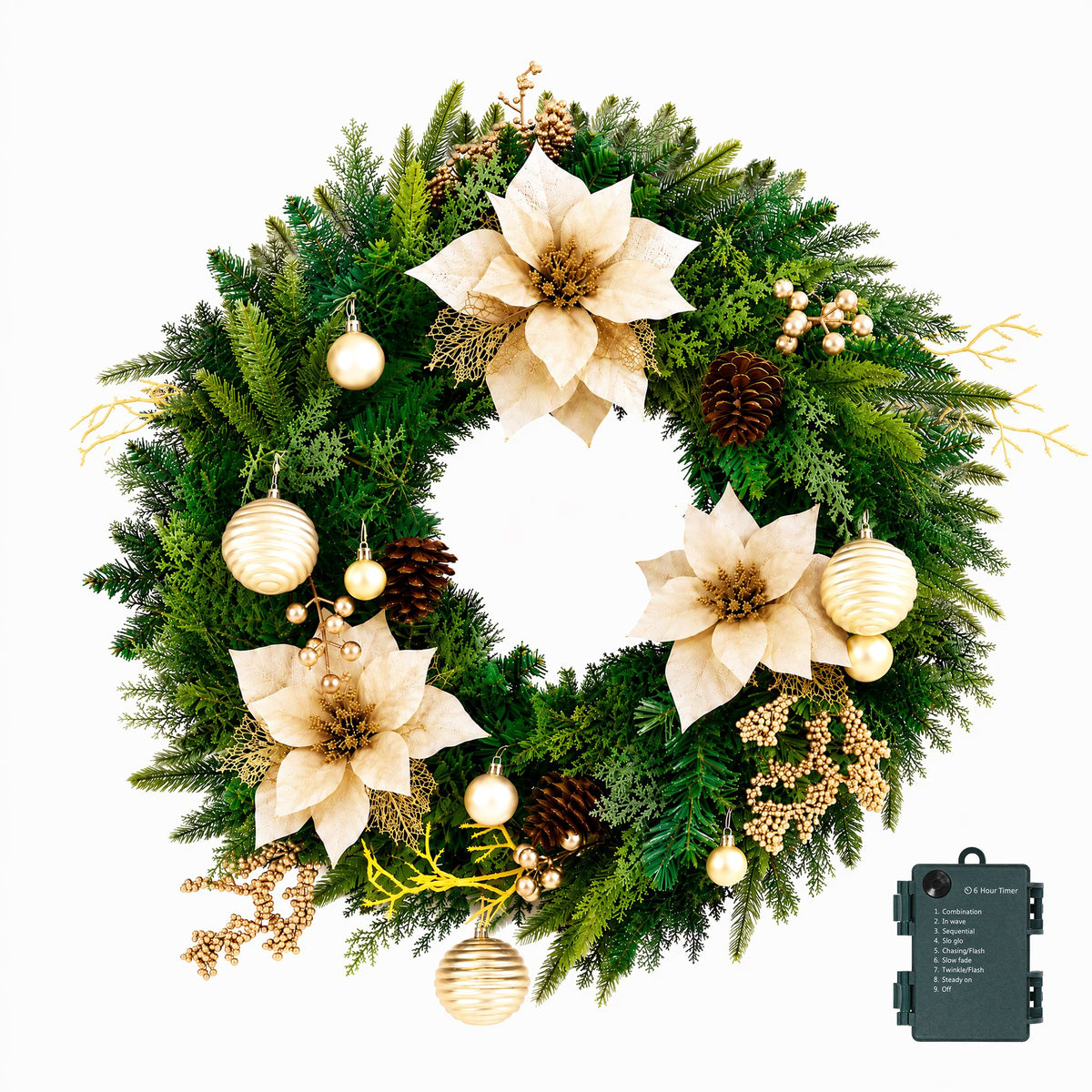 Jingle Jollys 60cm Pre-Lit Christmas Wreath LED Garlands Gold Flowers