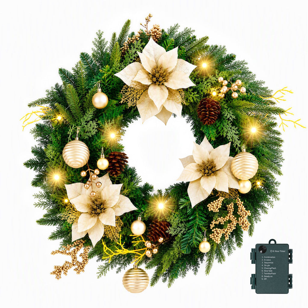 Jingle Jollys 60cm Pre-Lit Christmas Wreath LED Garlands Gold Flowers