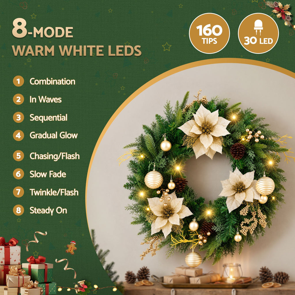 Jingle Jollys 60cm Pre-Lit Christmas Wreath LED Garlands Gold Flowers