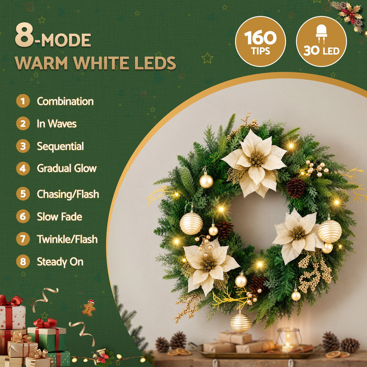 Jingle Jollys 60cm Pre-Lit Christmas Wreath LED Garlands Gold Flowers