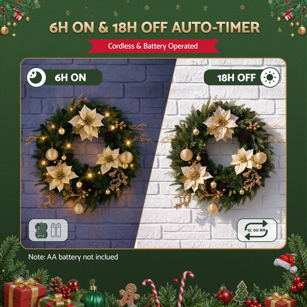 Jingle Jollys 60cm Pre-Lit Christmas Wreath LED Garlands Gold Flowers