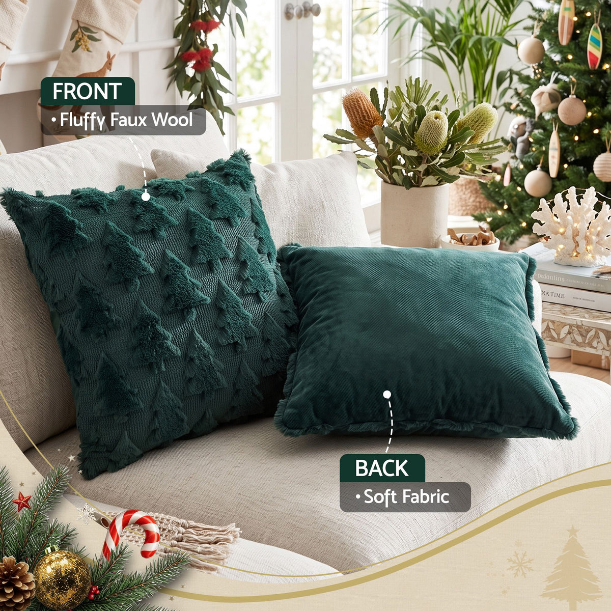 Jingle Jollys Christmas Tree Pillow Covers 2 Packs Cushion Covers Soft Faux Fur Jacquard