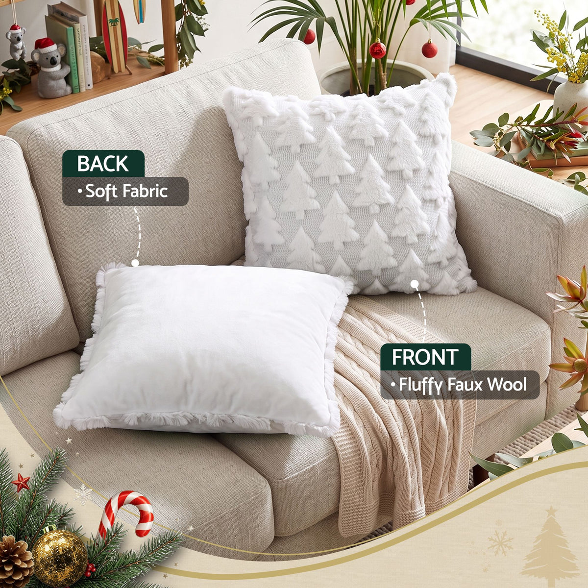 Jingle Jollys Christmas Tree Pillow Covers 2 Packs Cushion Covers Soft Faux Fur Jacquard