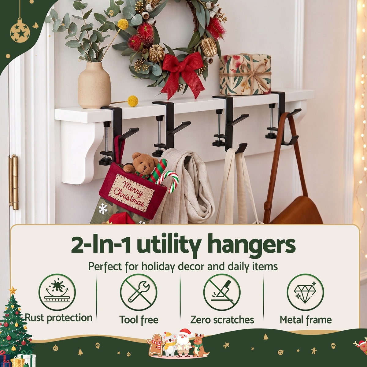 Jingle Jollys Christmas Garland Hangers X4 Stocking Hooks Wreath