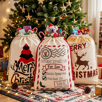 Jingle Jollys 3 Pack Large Canvas Christmas Sacks, Reusable Gift Storage Bags