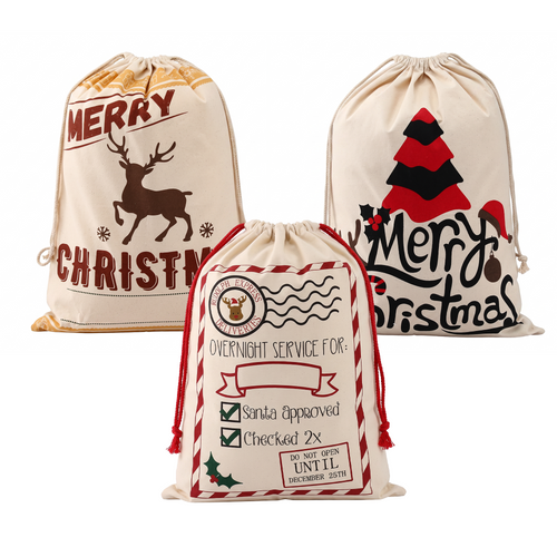 Jingle Jollys Large Canvas Christmas Sacks, 3 Pack, on a white background