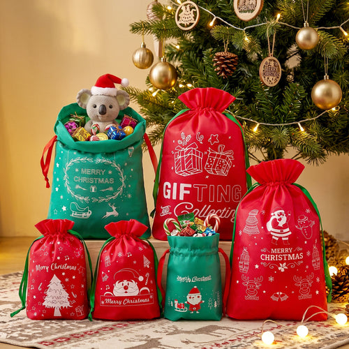 Jingle Jollys Drawstring Santa Sacks, 2 Sizes, 6 Pack