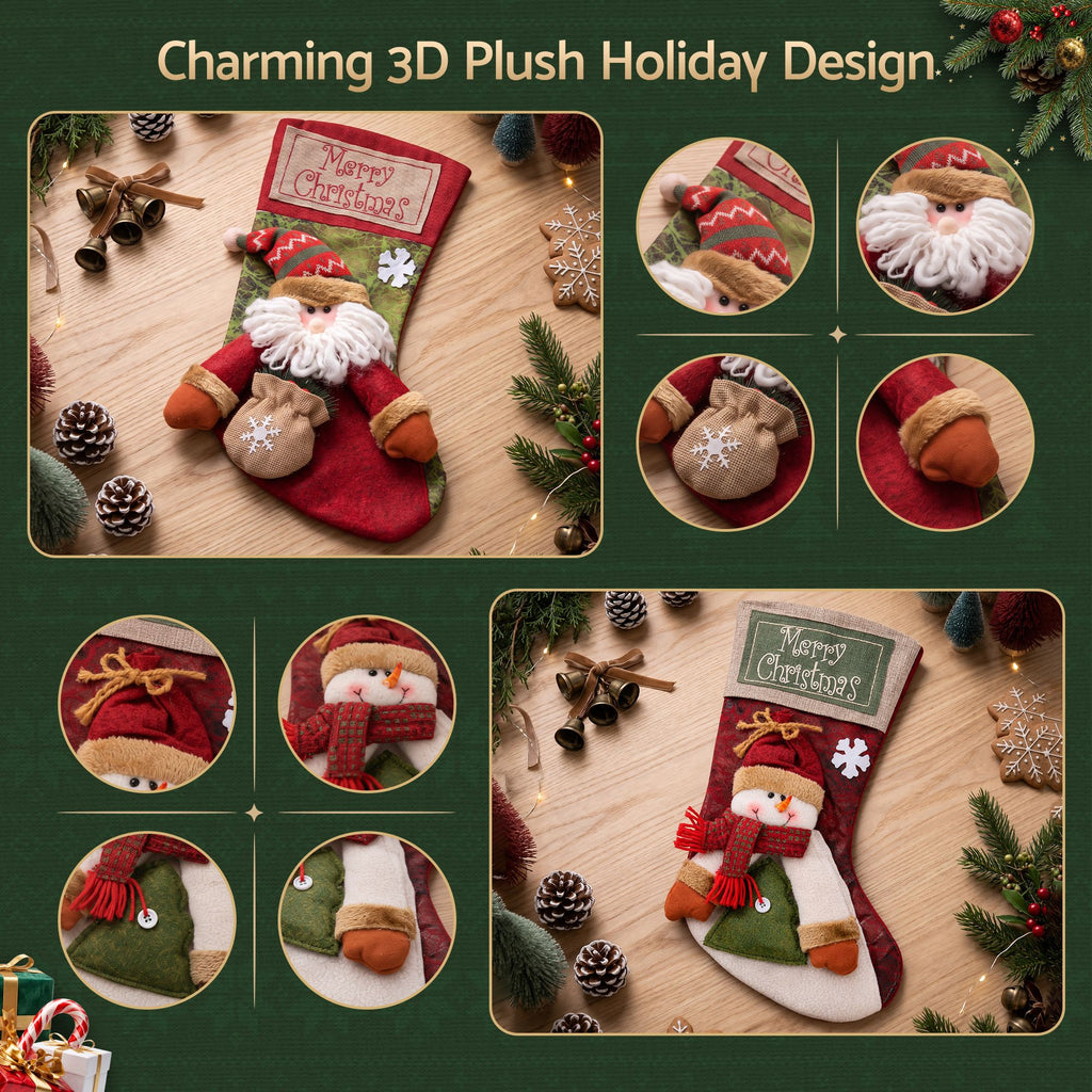 Jingle Jollys Christmas Stockings 2 Pack Large 3D Plush Santa Snowman
