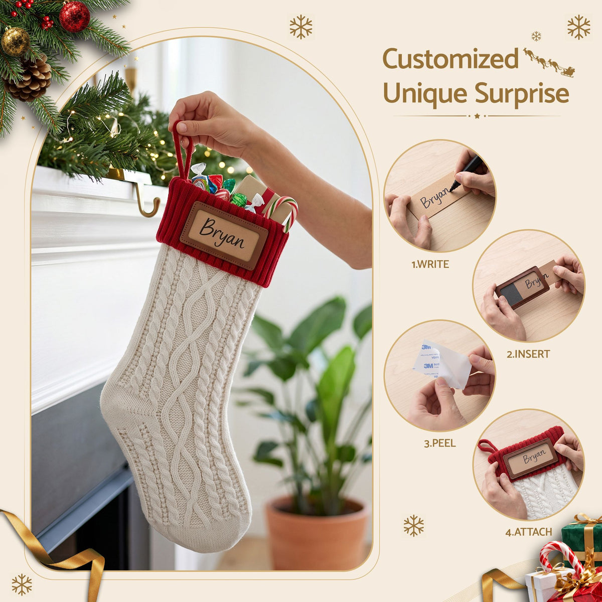 Jingle Jollys 3PCS Personalized Christmas Stockings with Leather Patches