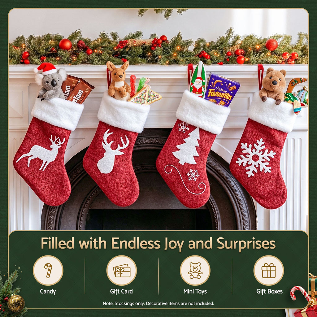 Jingle Jollys 4 Pack Large Velvet Christmas Stockings 46.5cm Red