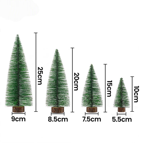 Jingle Jollys Frosted Mini Tree Set, 4 Pieces, with its measurements marked