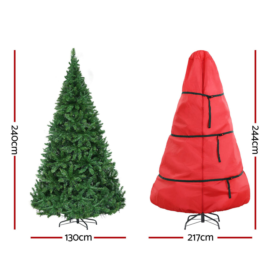 Jingle Jollys 2.4 m Pre-Lit Christmas Tree, 1,488 Warm White LEDs, with its measurements marked