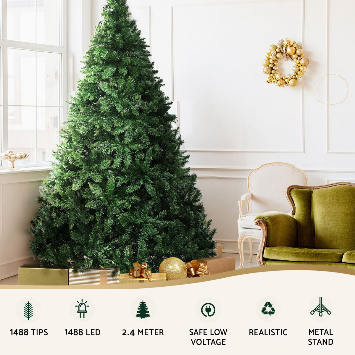 Jingle Jollys 2.4 m Pre-Lit Christmas Tree, 1,488 Warm White LEDs, photo 4 of 8