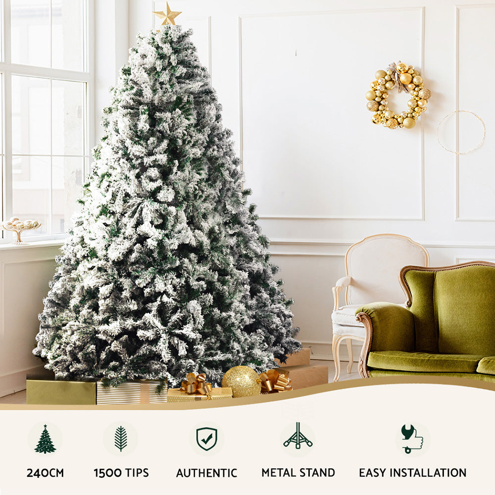 Jingle Jollys Christmas Tree 2.4M Xmas Tree Decorations Snow Flocked