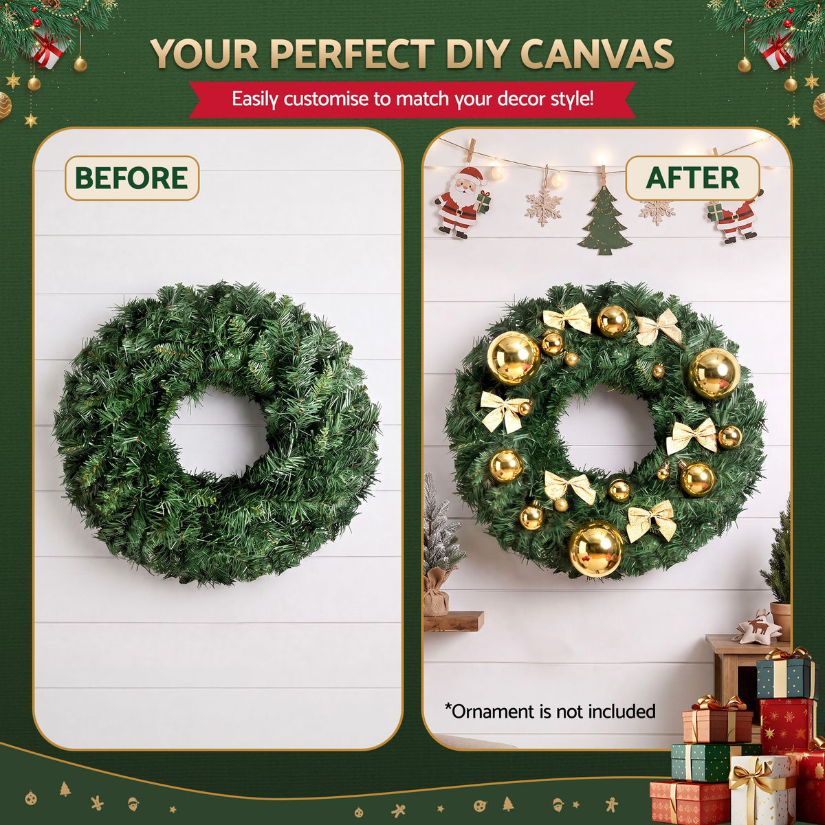 Jingle Jollys Christmas Wreath 60cm Artificial Green Garland Door