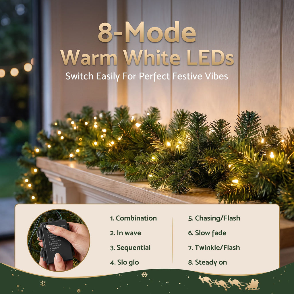 Jingle Jollys 2.7M Christmas Garland 8 Mode LED Lights Timing 200Tips