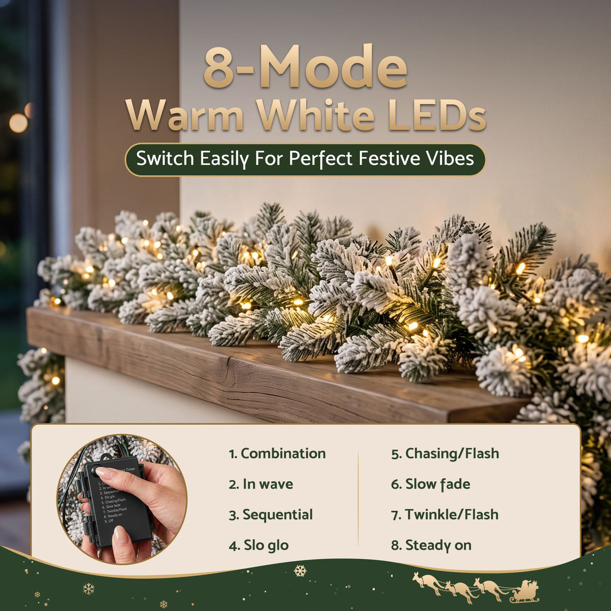 Jingle Jollys 1.8M Christmas Garland 8 Mode LED Snow Frosted Tips