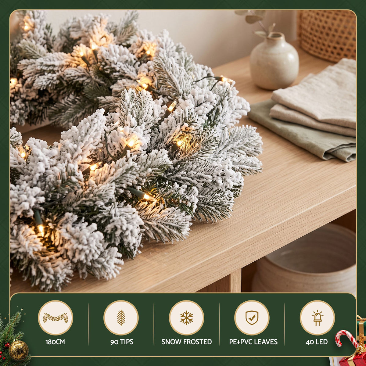 Jingle Jollys 1.8M Christmas Garland 8 Mode LED Snow Frosted Tips