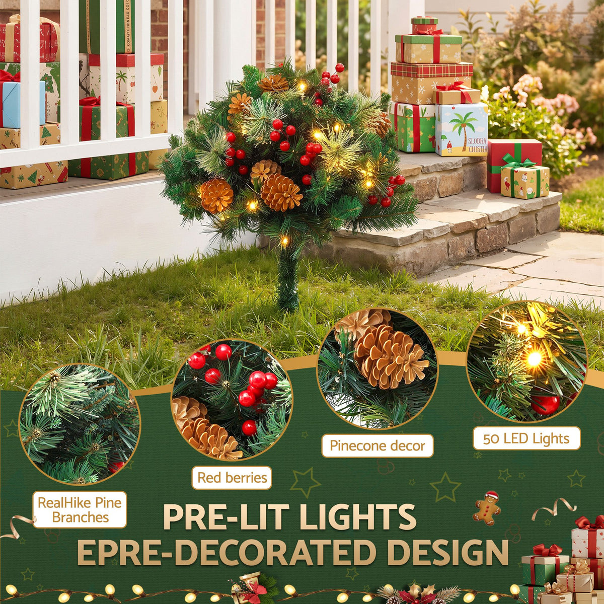 Jingle Jollys Battery Lit Pathway Christmas Trees, Pair, 45 cm, shown in a real setting, photo 4 of 7